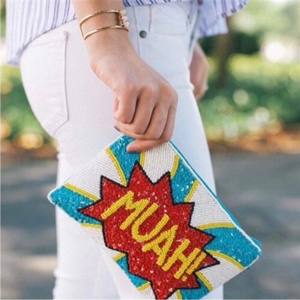 “from St XAVIER” HTF Beaded Clutch with 'MUAH!' Design